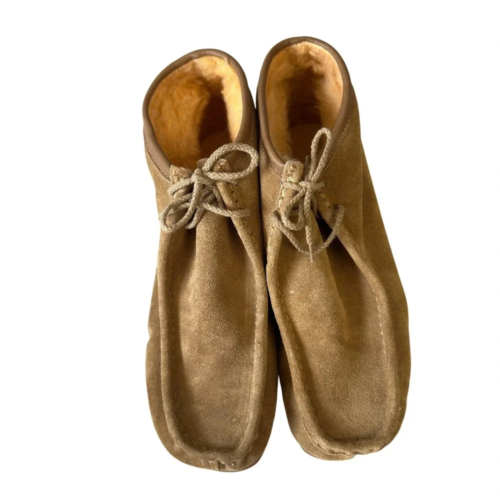 Vintage 70s Tan Suede Chukka Boots Shearling Lined Moc Toe Lace Up Mens Shoes JS